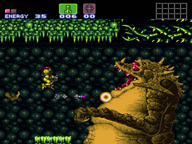 You see that missile she just shot? It won't do anything, because the boss needs to be hit straight in its mouth! Metroid bosses have specific hitboxes!