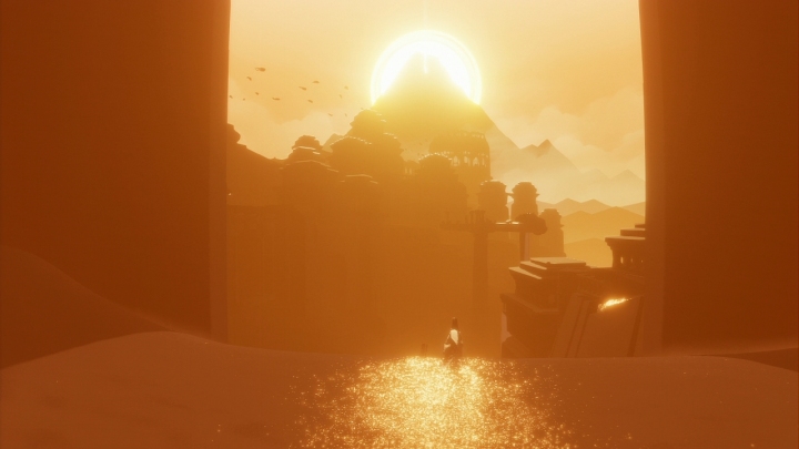 The most beautiful scene of the game, sliding down the glowing sand dunes.